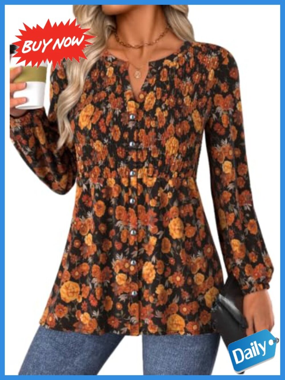 Women's Floral Long Sleeve Smocked Tunic Top V Neck A-Line Blouse